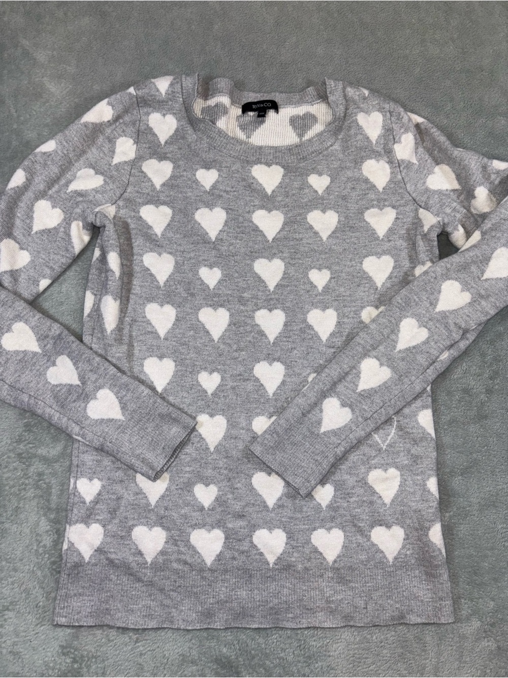 RW&CO. Grey & White Allover Heart Print Crewneck Sweater - Size M